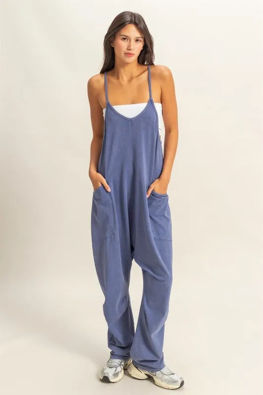Relaxed Fit Mineral Washed Overalls with Pockets