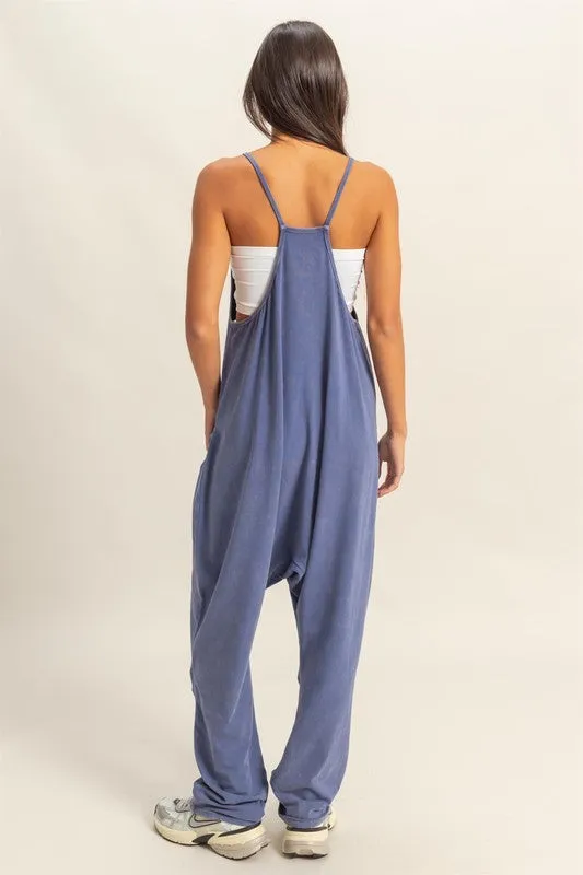 Relaxed Fit Mineral Washed Overalls with Pockets