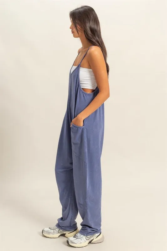 Relaxed Fit Mineral Washed Overalls with Pockets