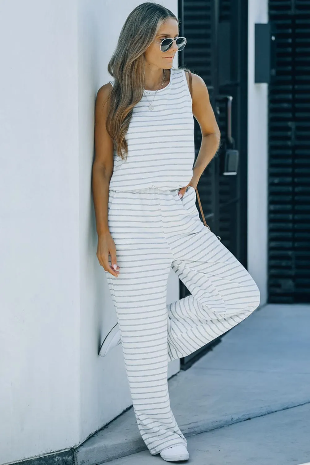 Round Neck Sleeveless Women's Striped Jumpsuit