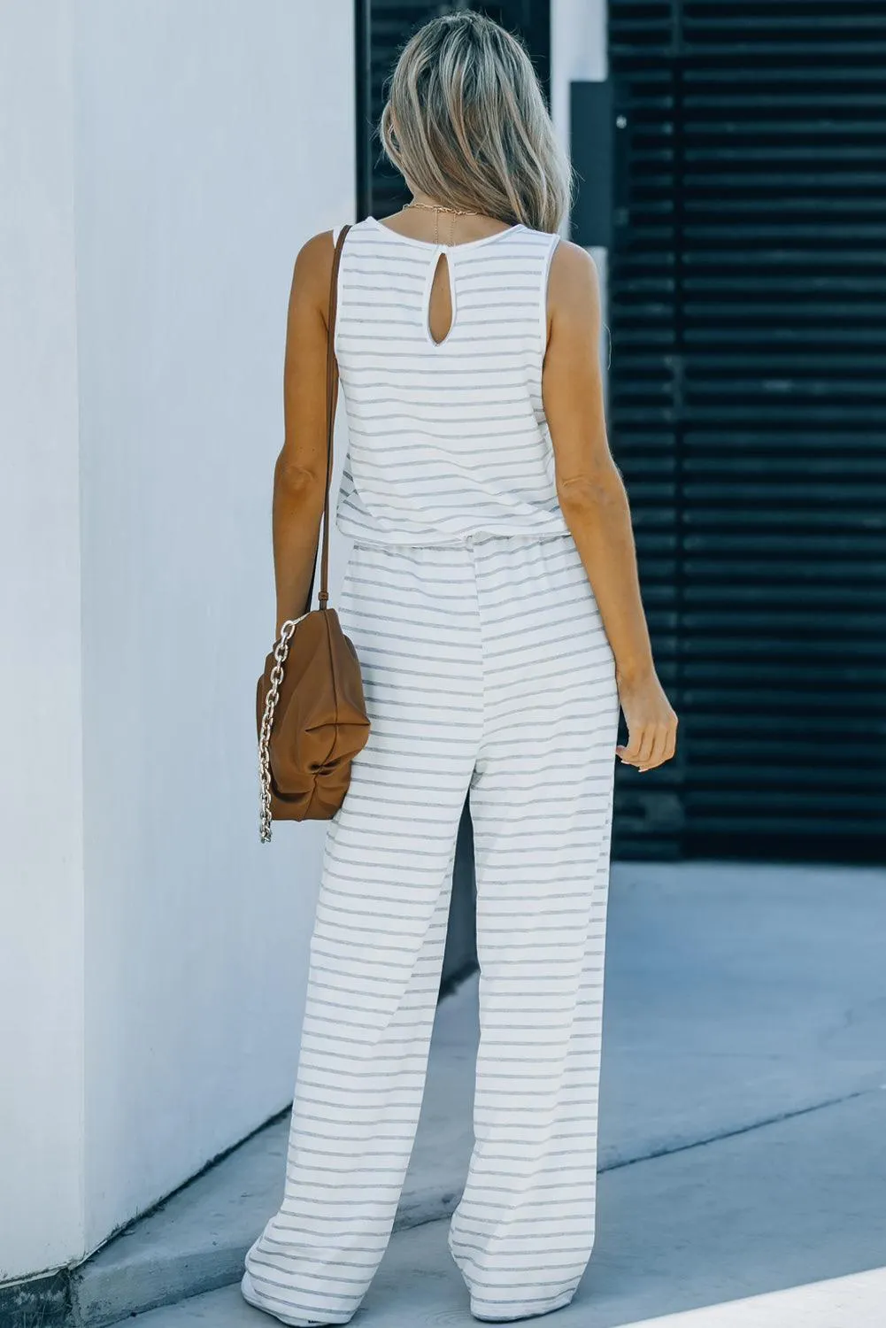 Round Neck Sleeveless Women's Striped Jumpsuit