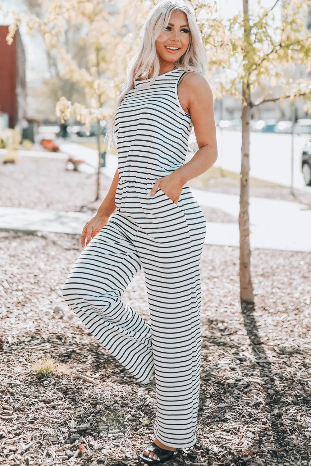 Round Neck Sleeveless Women's Striped Jumpsuit
