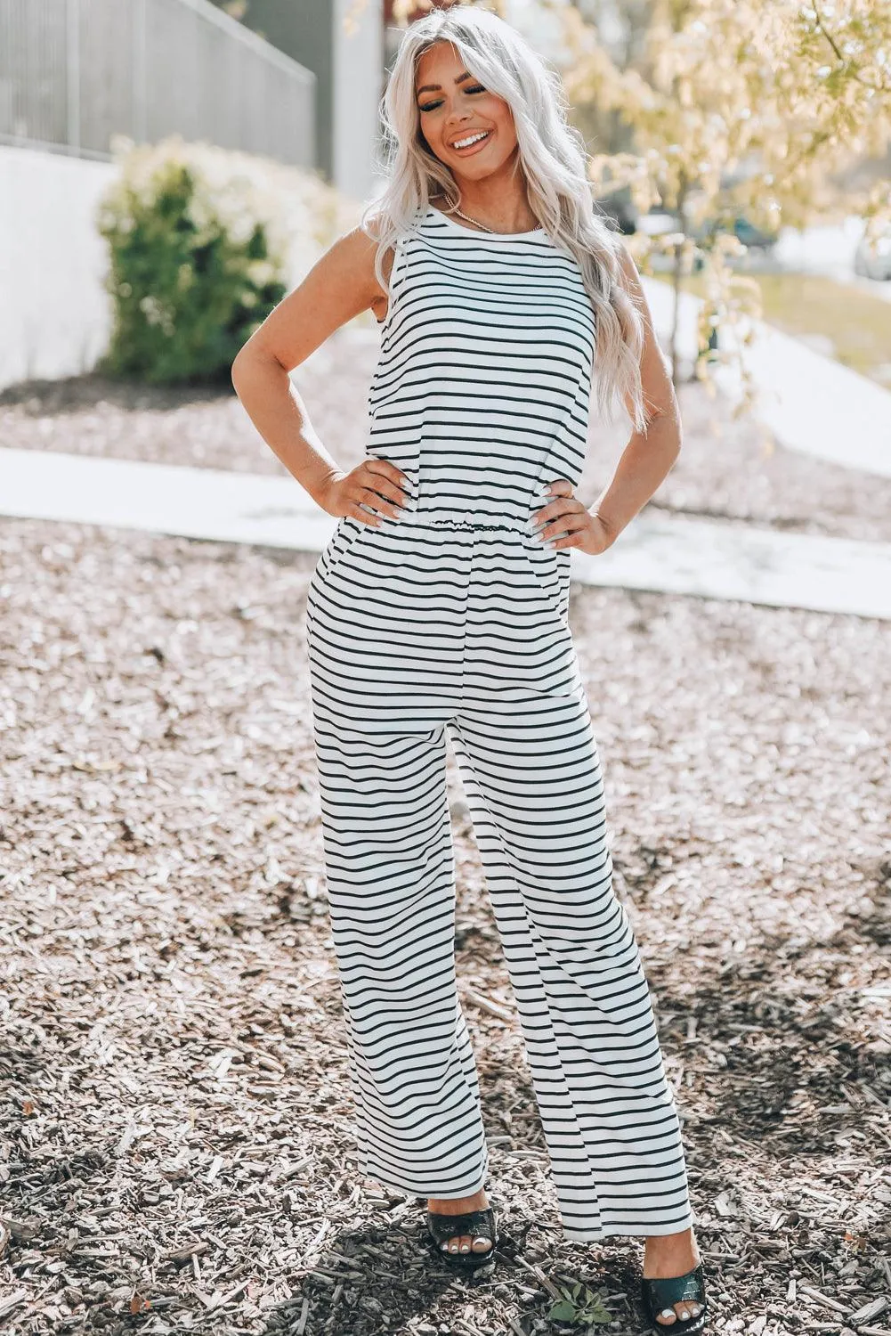Round Neck Sleeveless Women's Striped Jumpsuit