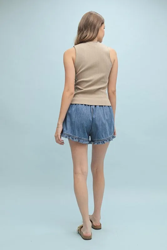 Ruffle Hem Denim Shorts