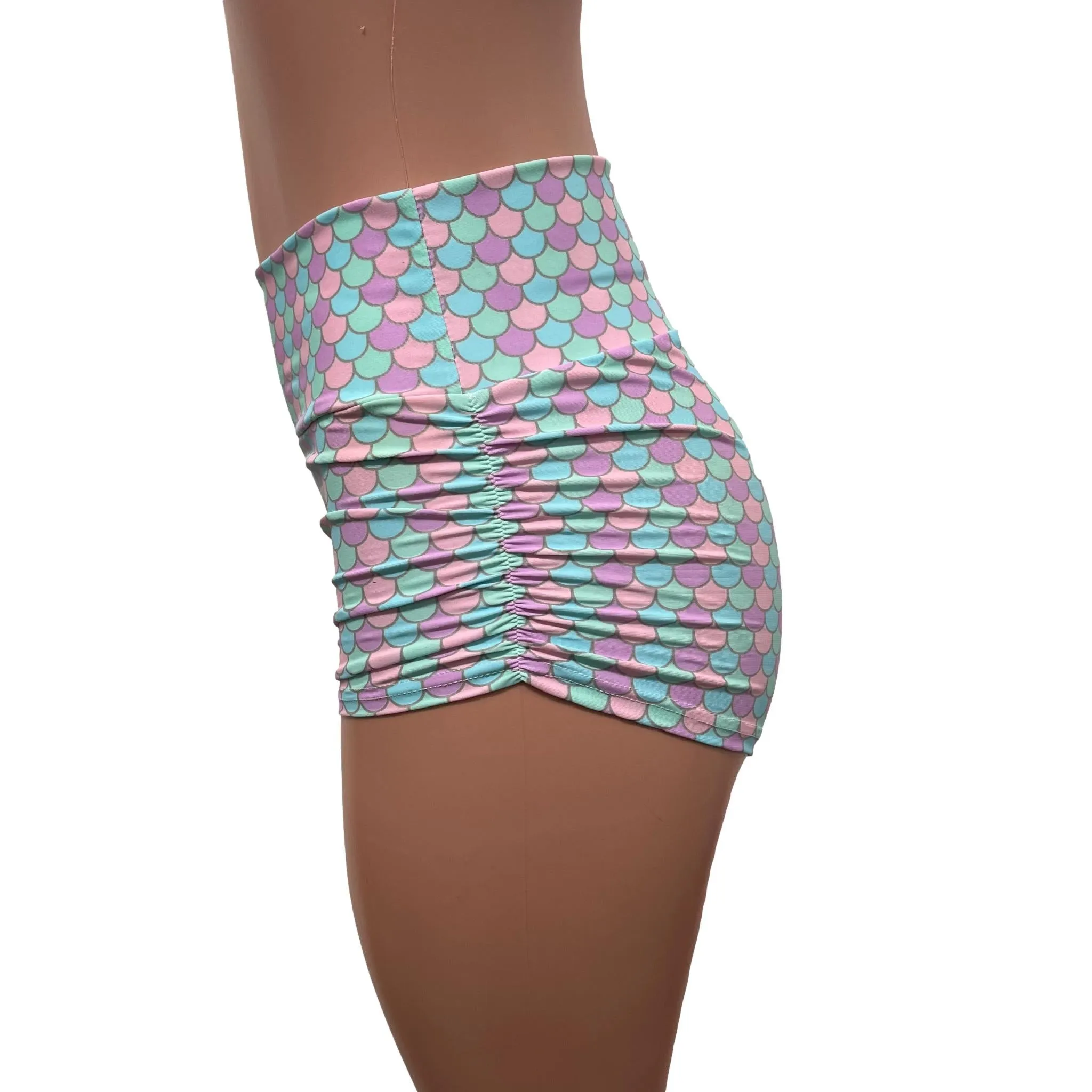 SALE - XS High Waisted Pastel Mermaid Ruched Booty Shorts
