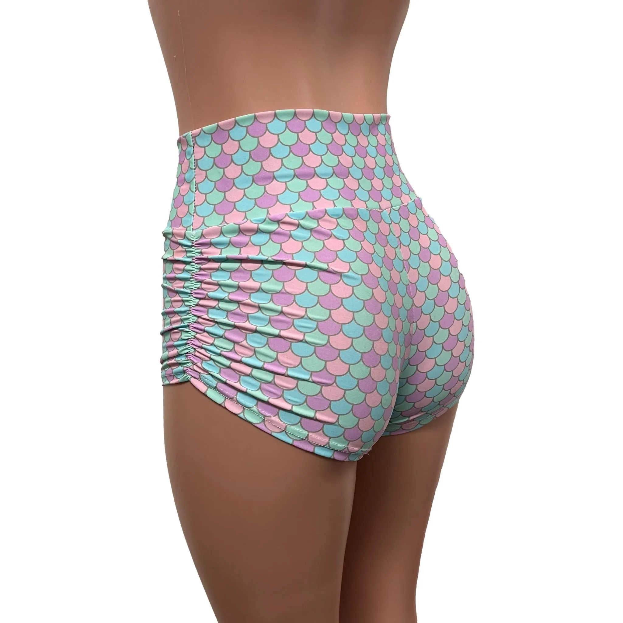 SALE - XS High Waisted Pastel Mermaid Ruched Booty Shorts