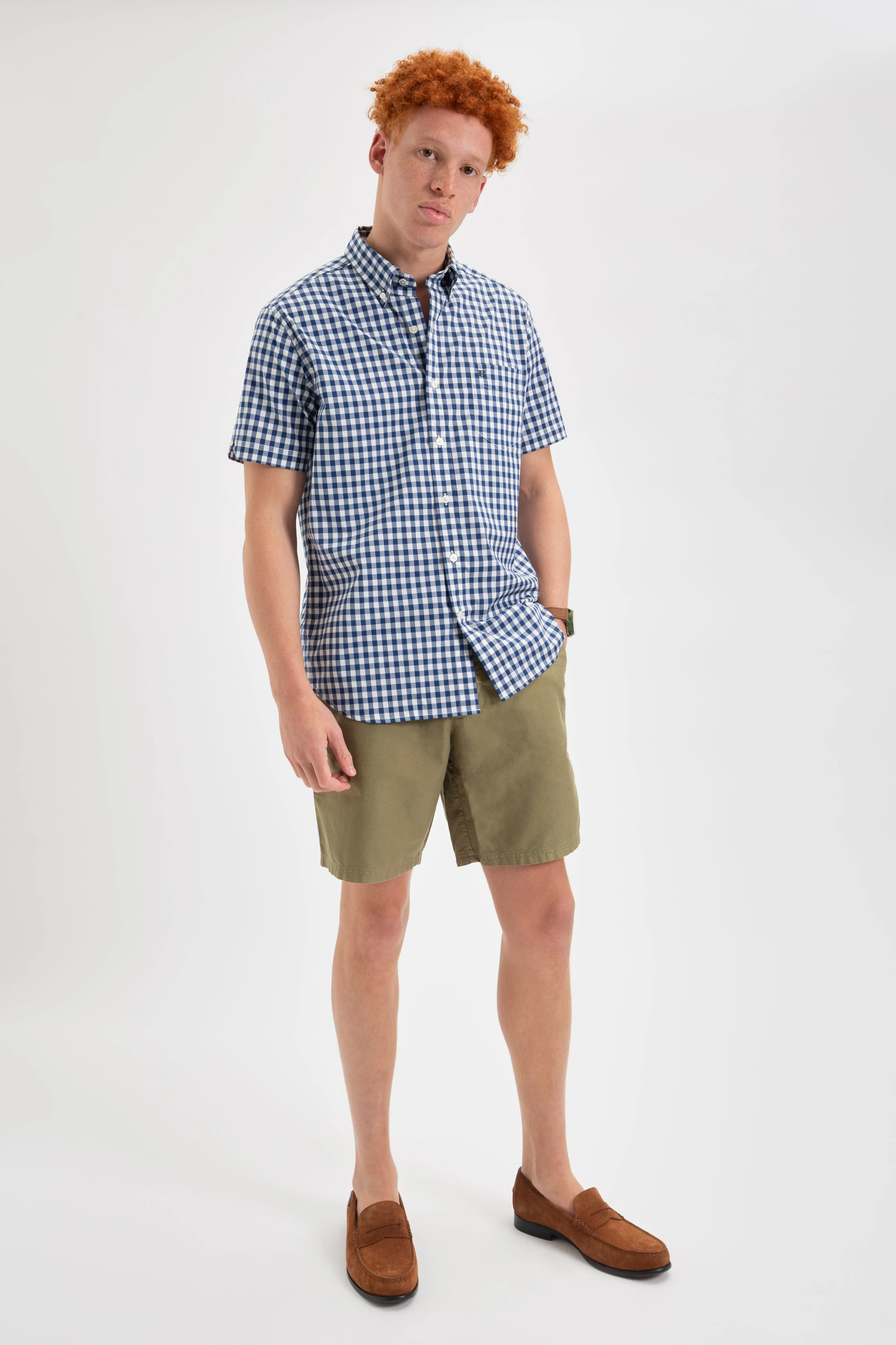 Short Sleeve House Poplin Gingham Shirt - Navy