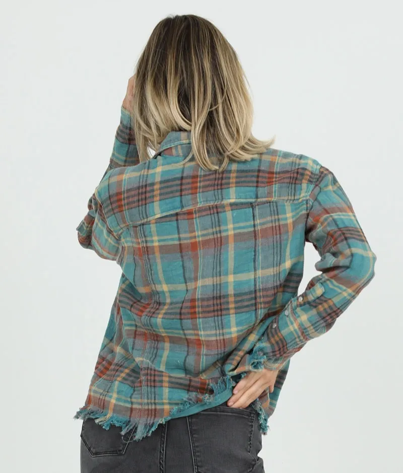 Soft Flannel Shirt ~ Aqua & Rust