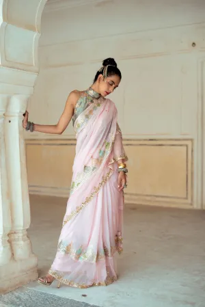 Soft pink silk embroidered saree with halter blouse