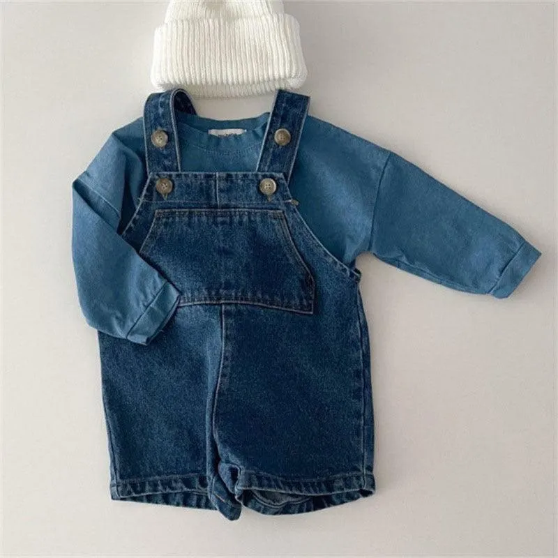 Solid Color Denim Overalls Kids Jumpsuit
