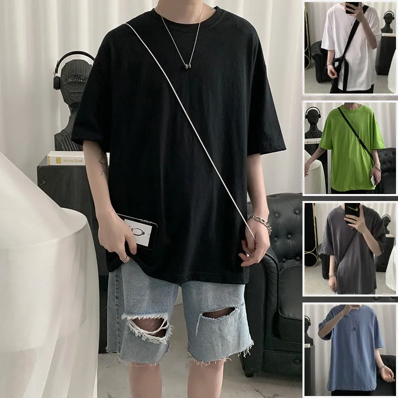 Solid Colored Short Sleeve T-Shirt Men Trendy Korean  Casual Loose Round-Neck Tops T-Shirt