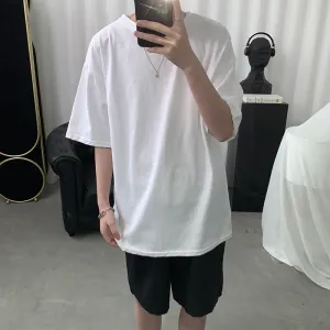Solid Colored Short Sleeve T-Shirt Men Trendy Korean  Casual Loose Round-Neck Tops T-Shirt