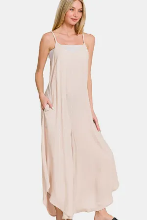 Spaghetti Strap Wide Leg Overalls with Pockets