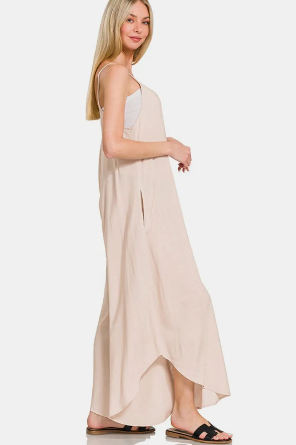 Spaghetti Strap Wide Leg Overalls with Pockets