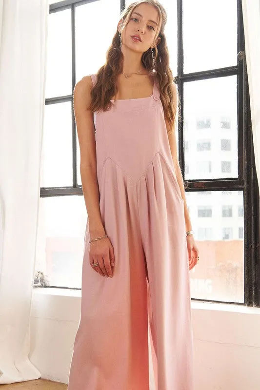 Square Neck Wide Leg Overalls with Pockets