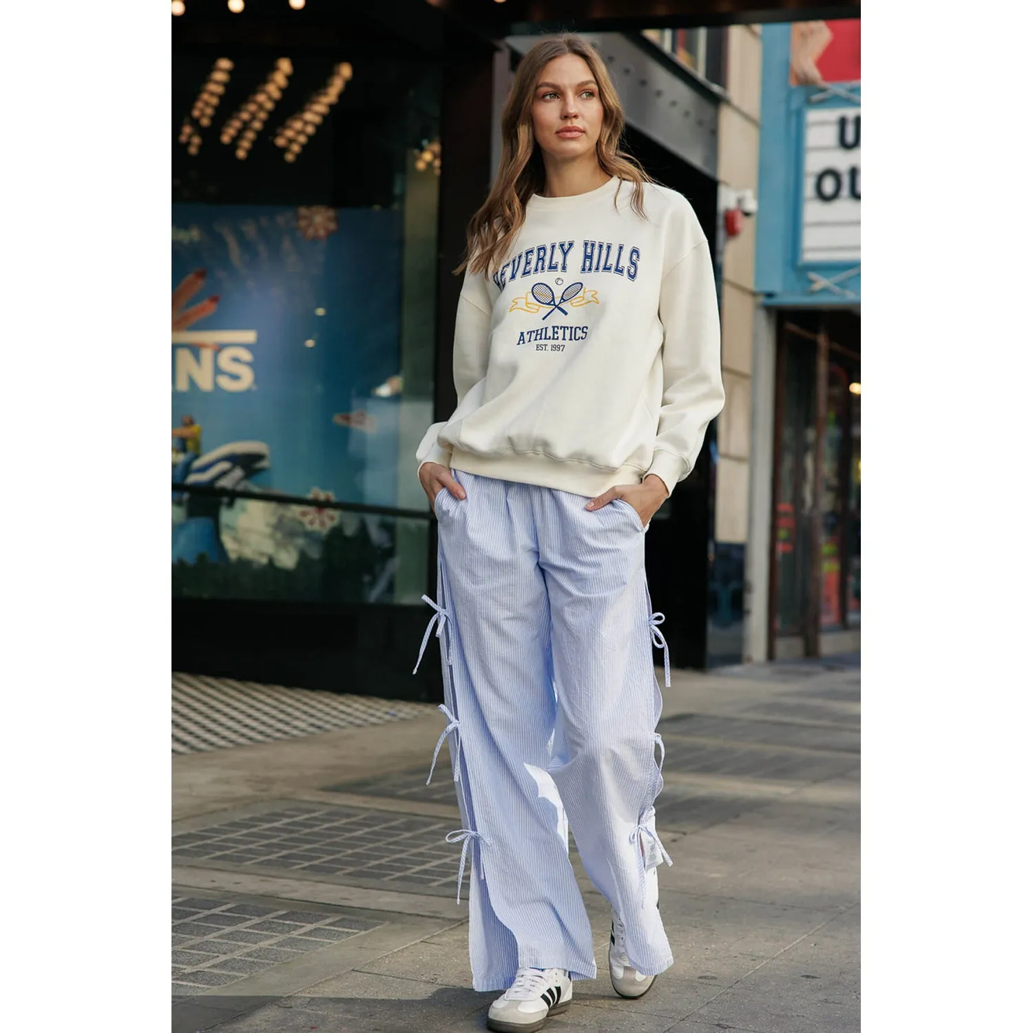 Striped Side Tie Pull-On Cotton Pants - Light Blue