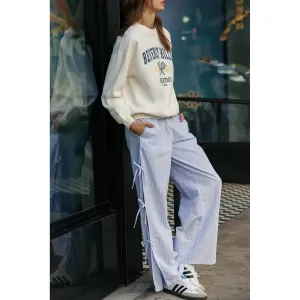 Striped Side Tie Pull-On Cotton Pants - Light Blue