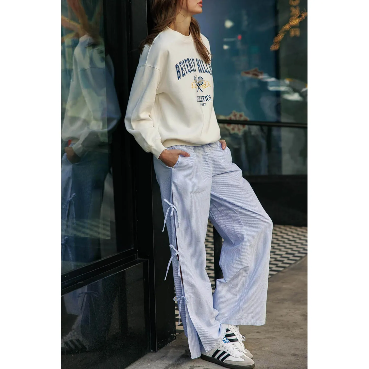 Striped Side Tie Pull-On Cotton Pants - Light Blue