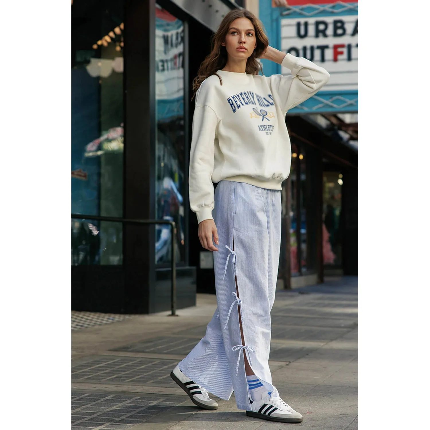 Striped Side Tie Pull-On Cotton Pants - Light Blue
