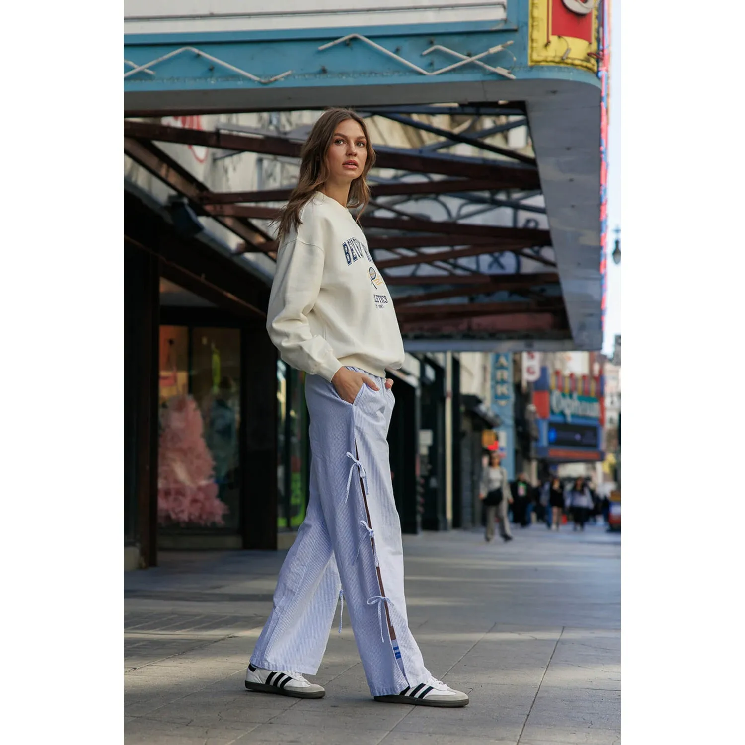 Striped Side Tie Pull-On Cotton Pants - Light Blue