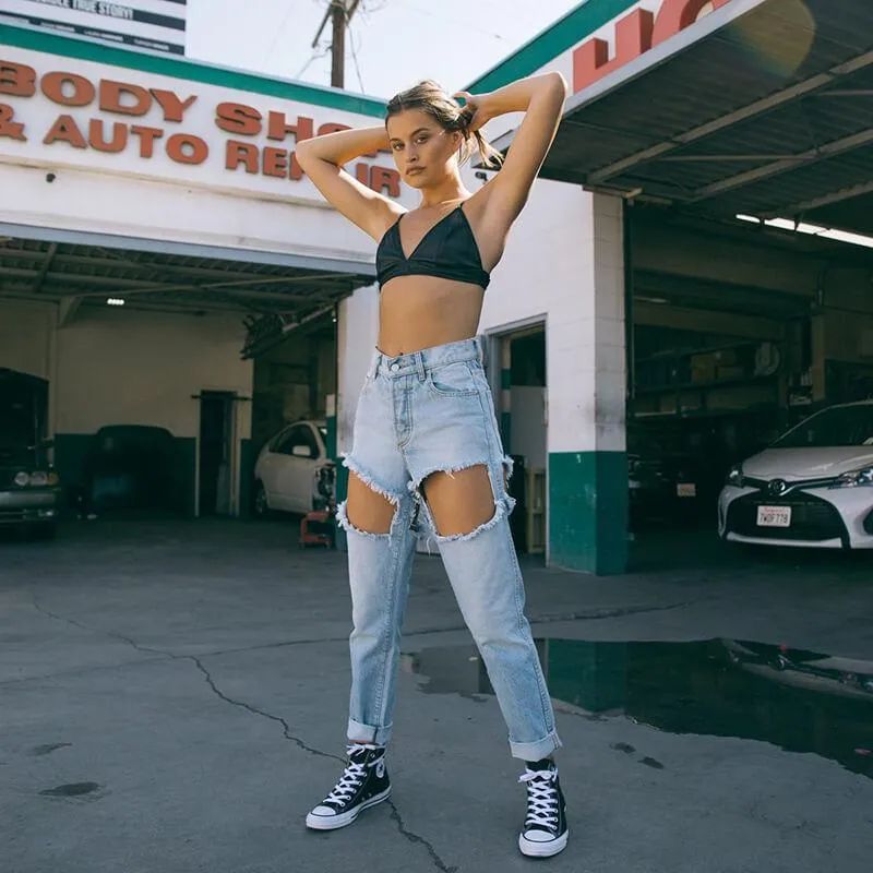Summer High Waist Ripped Cutout Denim Pants