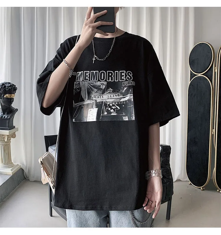 Summer T-Shirt INS Trendy Black Short Sleeve Loose Nightclubs Mid-Length Tops T-Shirt