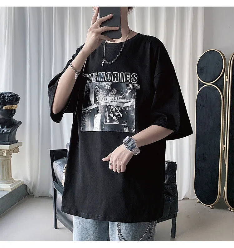 Summer T-Shirt INS Trendy Black Short Sleeve Loose Nightclubs Mid-Length Tops T-Shirt