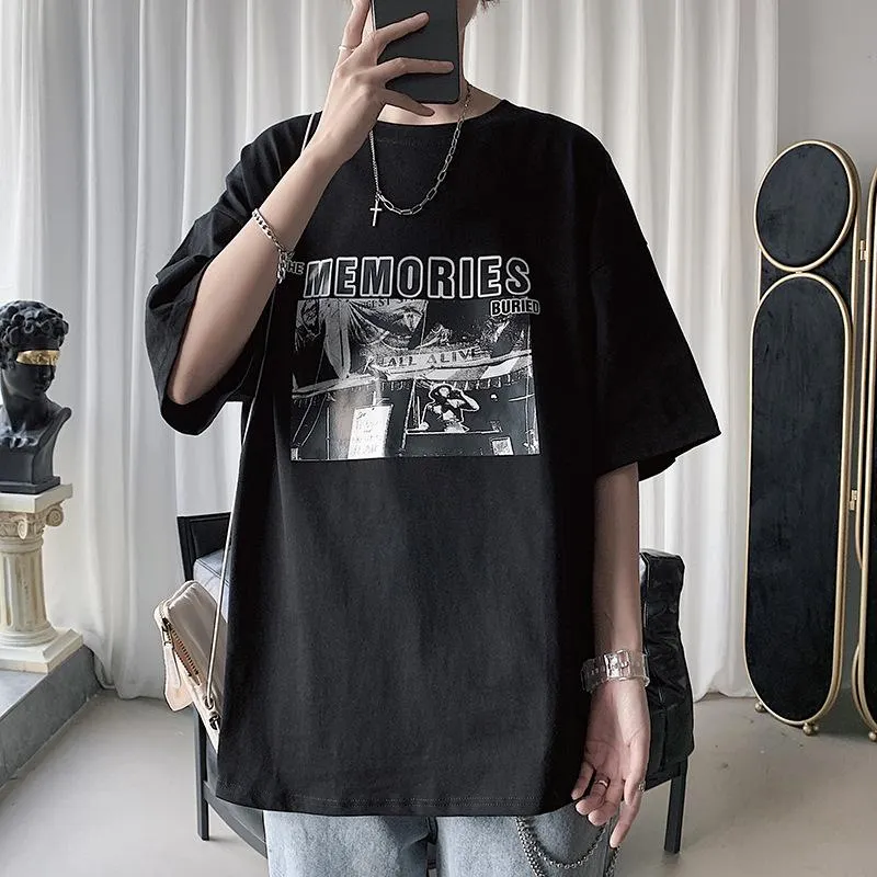 Summer T-Shirt INS Trendy Black Short Sleeve Loose Nightclubs Mid-Length Tops T-Shirt