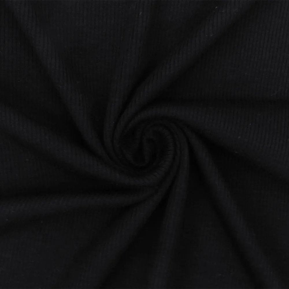 Super Black Solid Stretch 2x2  Rib Knit Fabric