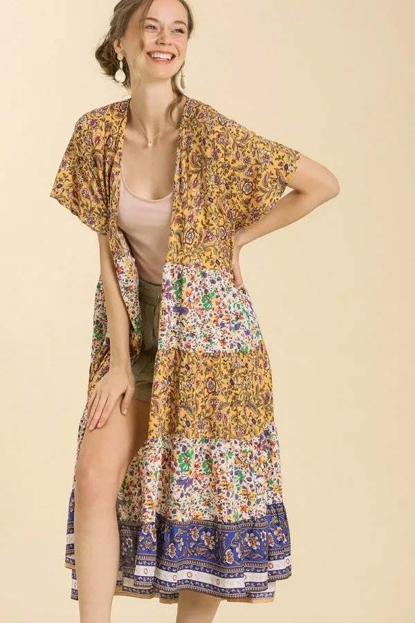 Umgee Mixed Print Tiered Kimono in Mango Mix- FINAL SALE