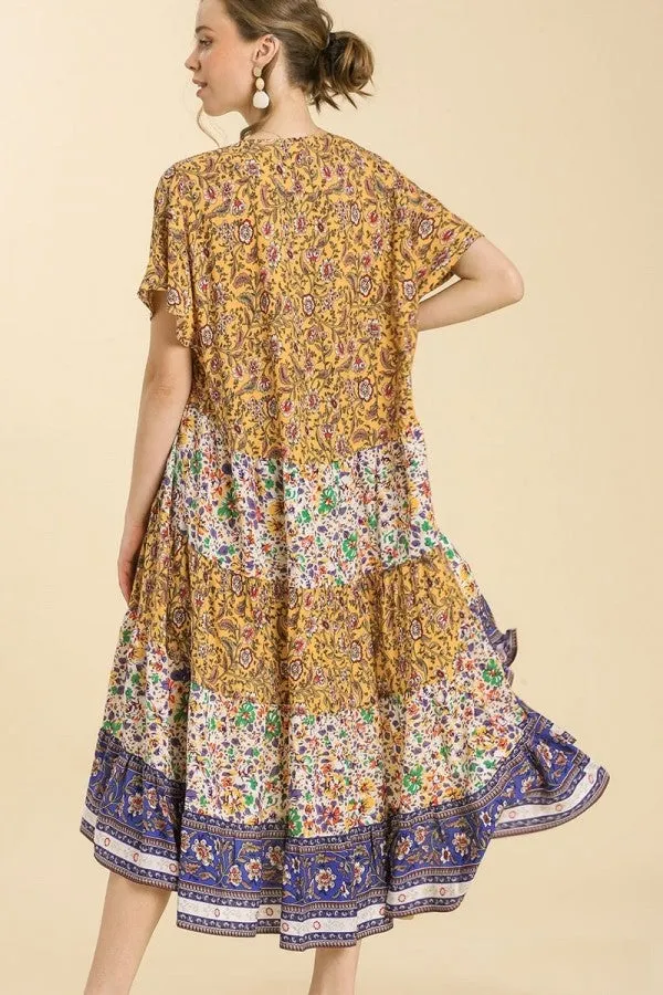 Umgee Mixed Print Tiered Kimono in Mango Mix- FINAL SALE