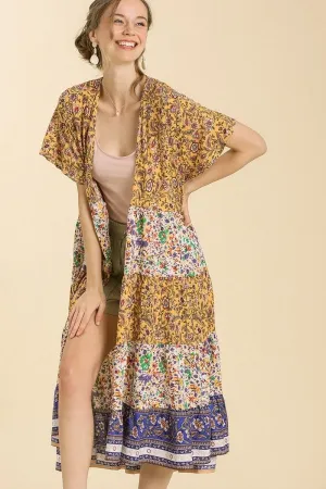 Umgee Mixed Print Tiered Kimono in Mango Mix- FINAL SALE