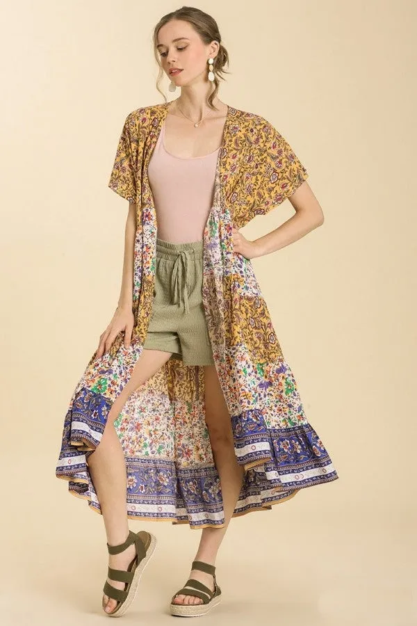Umgee Mixed Print Tiered Kimono in Mango Mix- FINAL SALE