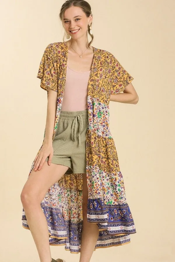 Umgee Mixed Print Tiered Kimono in Mango Mix- FINAL SALE