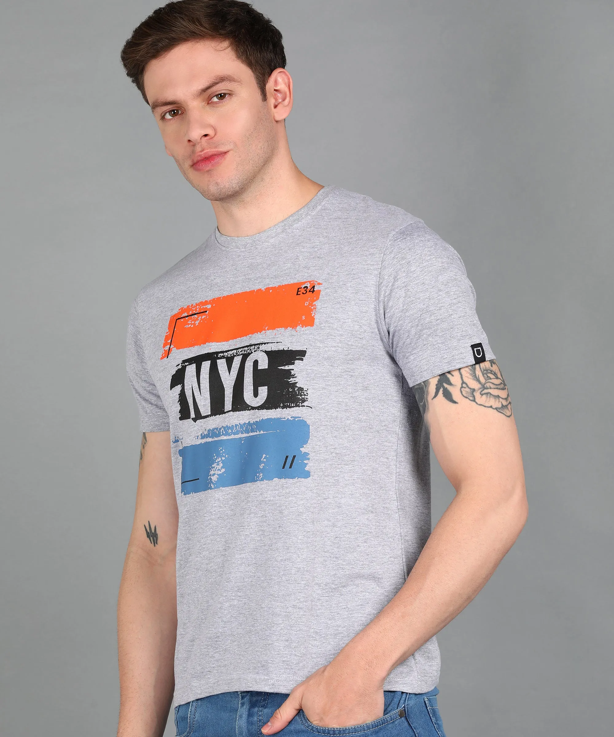 Urbano Fashion Men's Grey Graphic Printed Round Neck Half Sleeve Slim Fit Cotton T-Shirt