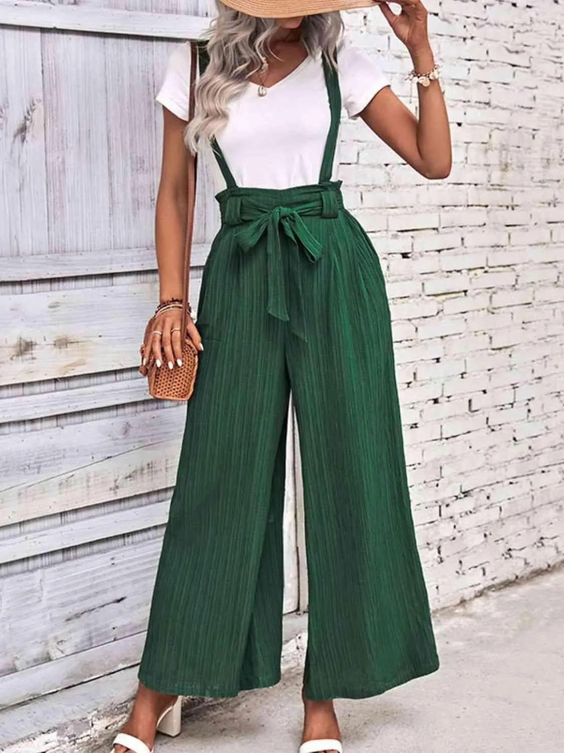 Vacation In Style Tie Belt Wide Leg Overalls