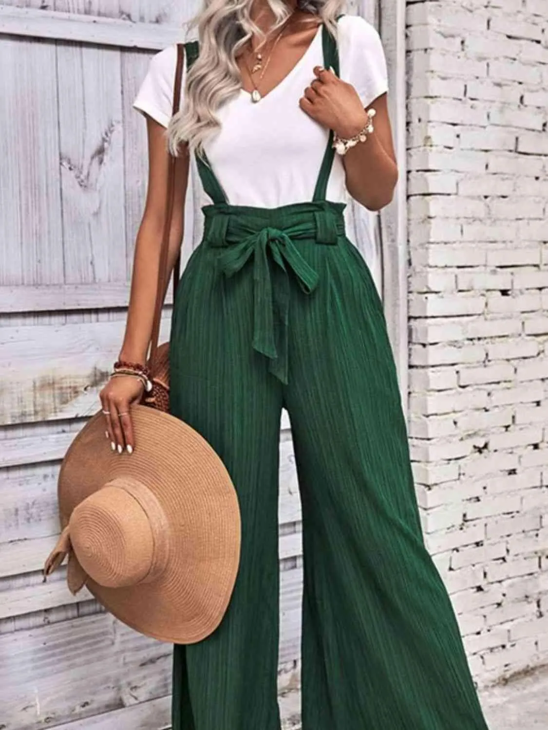 Vacation In Style Tie Belt Wide Leg Overalls
