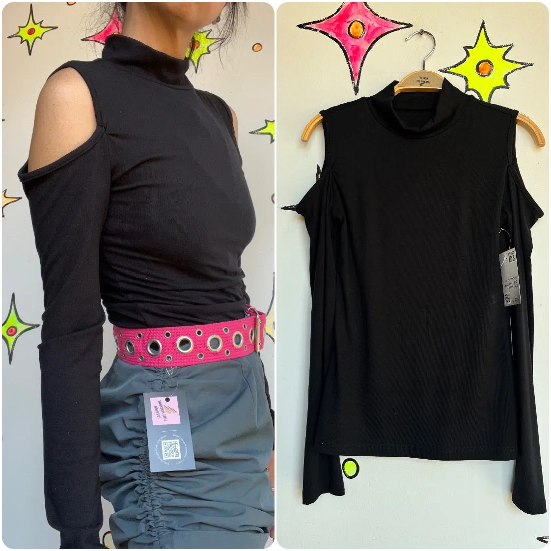 Vintage 90s Y2K Goth Fairy Grunge Emo Black Cold Shoulder Cotton Top Size Small