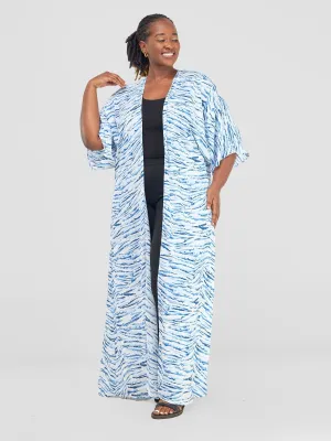 Vivo Alek 3/4 Sleeve A-Line Maxi Kimono - Blue / White print