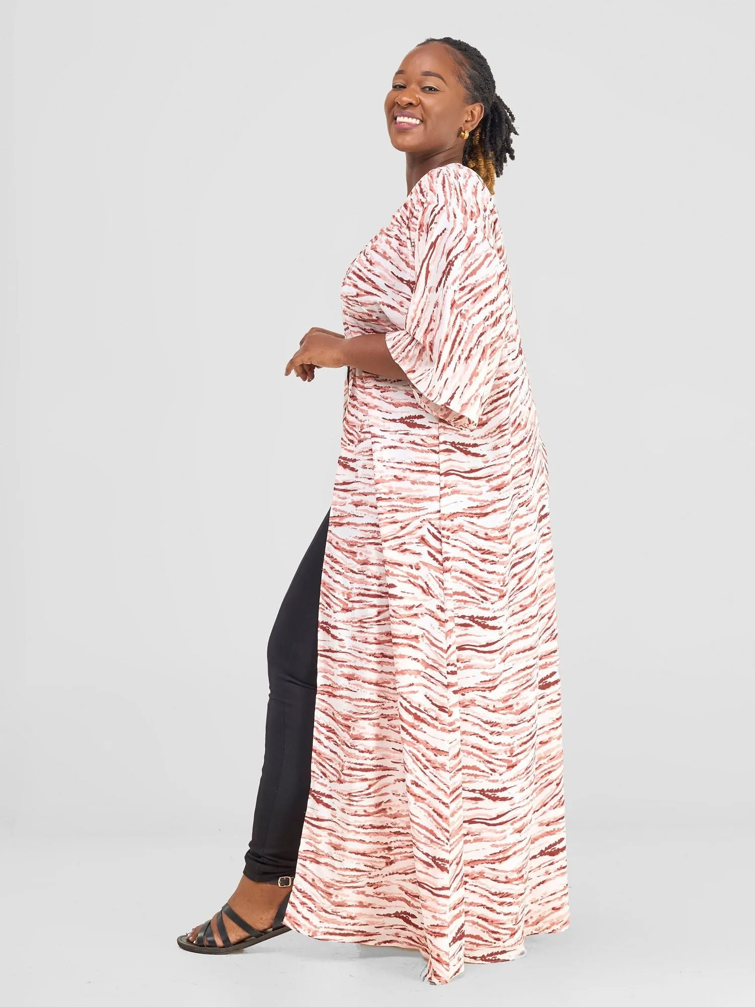 Vivo Alek 3/4 Sleeve A-Line Maxi Kimono - Peach / White print