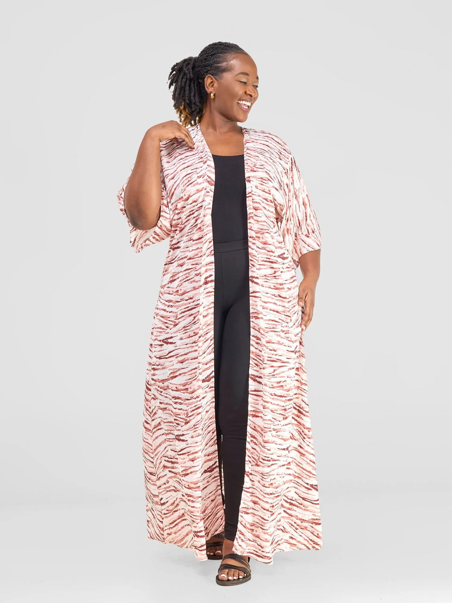 Vivo Alek 3/4 Sleeve A-Line Maxi Kimono - Peach / White print