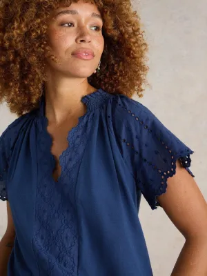 White Stuff Flutter Sleeve Broderie Top - French Navy