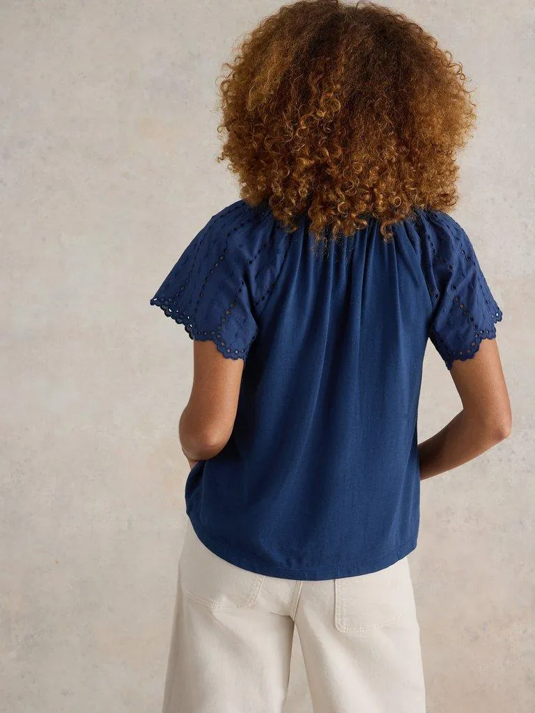 White Stuff Flutter Sleeve Broderie Top - French Navy