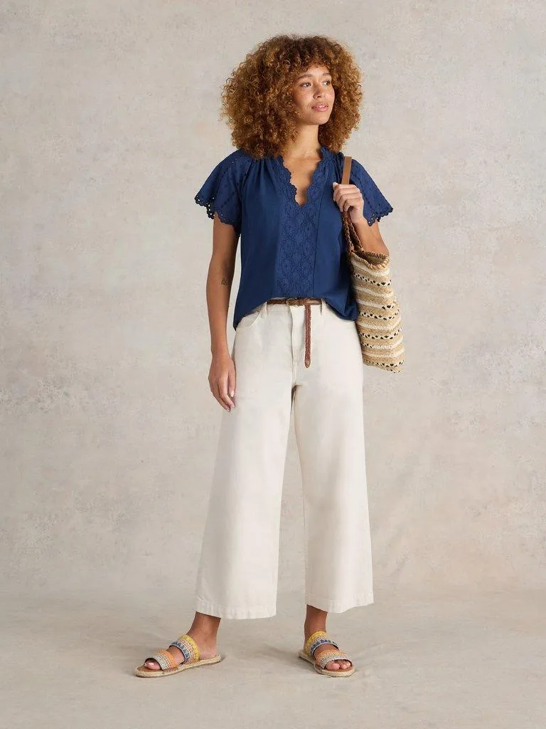White Stuff Flutter Sleeve Broderie Top - French Navy