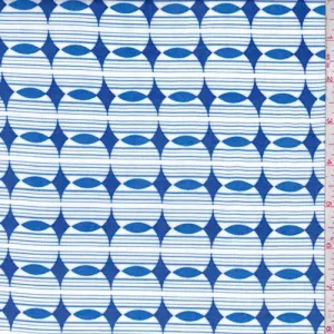 White/Blue Geo Rayon Challis Fabric