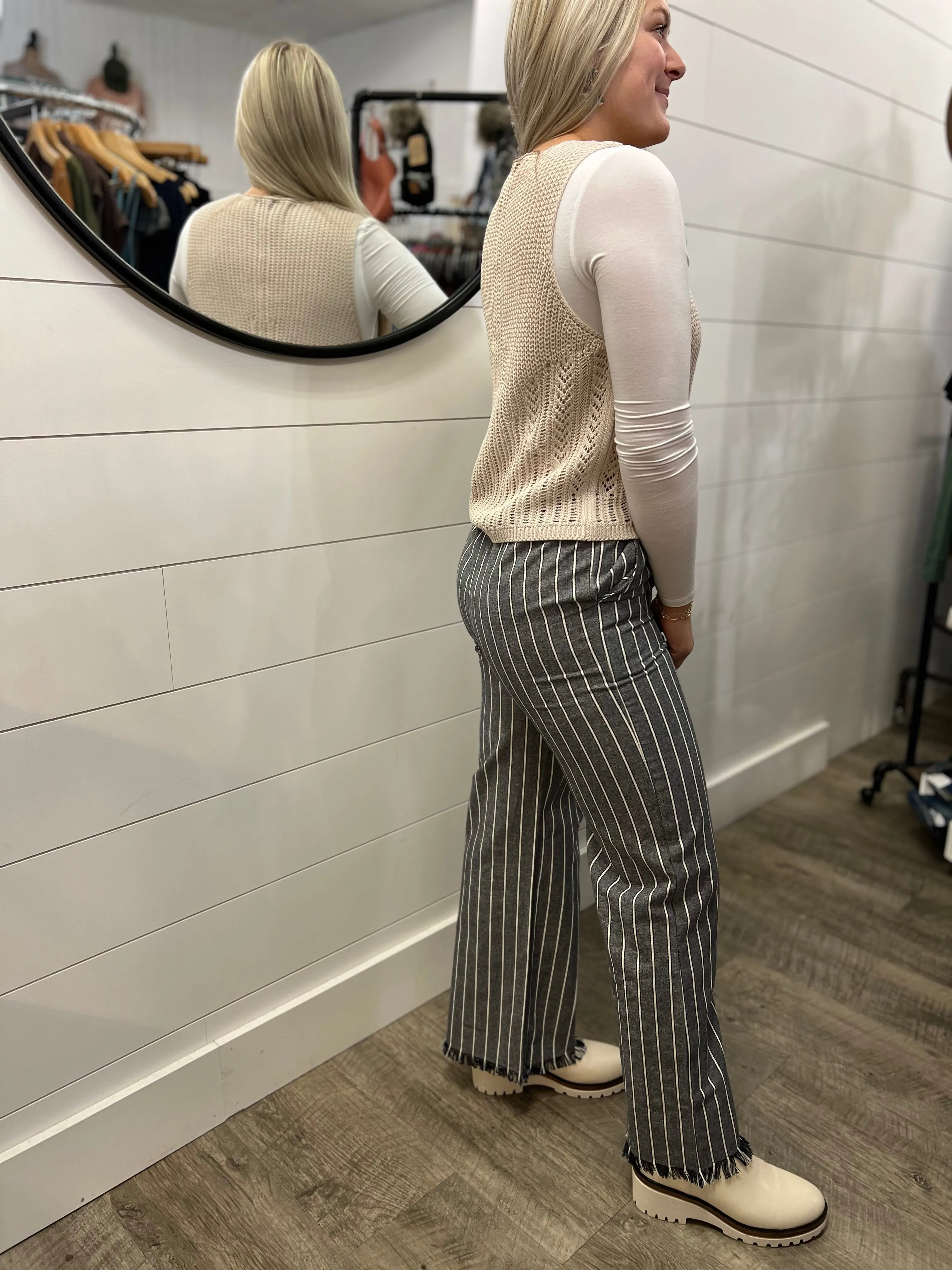 Wide Leg Stripe Pants W/Frayed Hem Detail