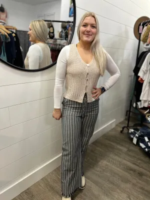 Wide Leg Stripe Pants W/Frayed Hem Detail
