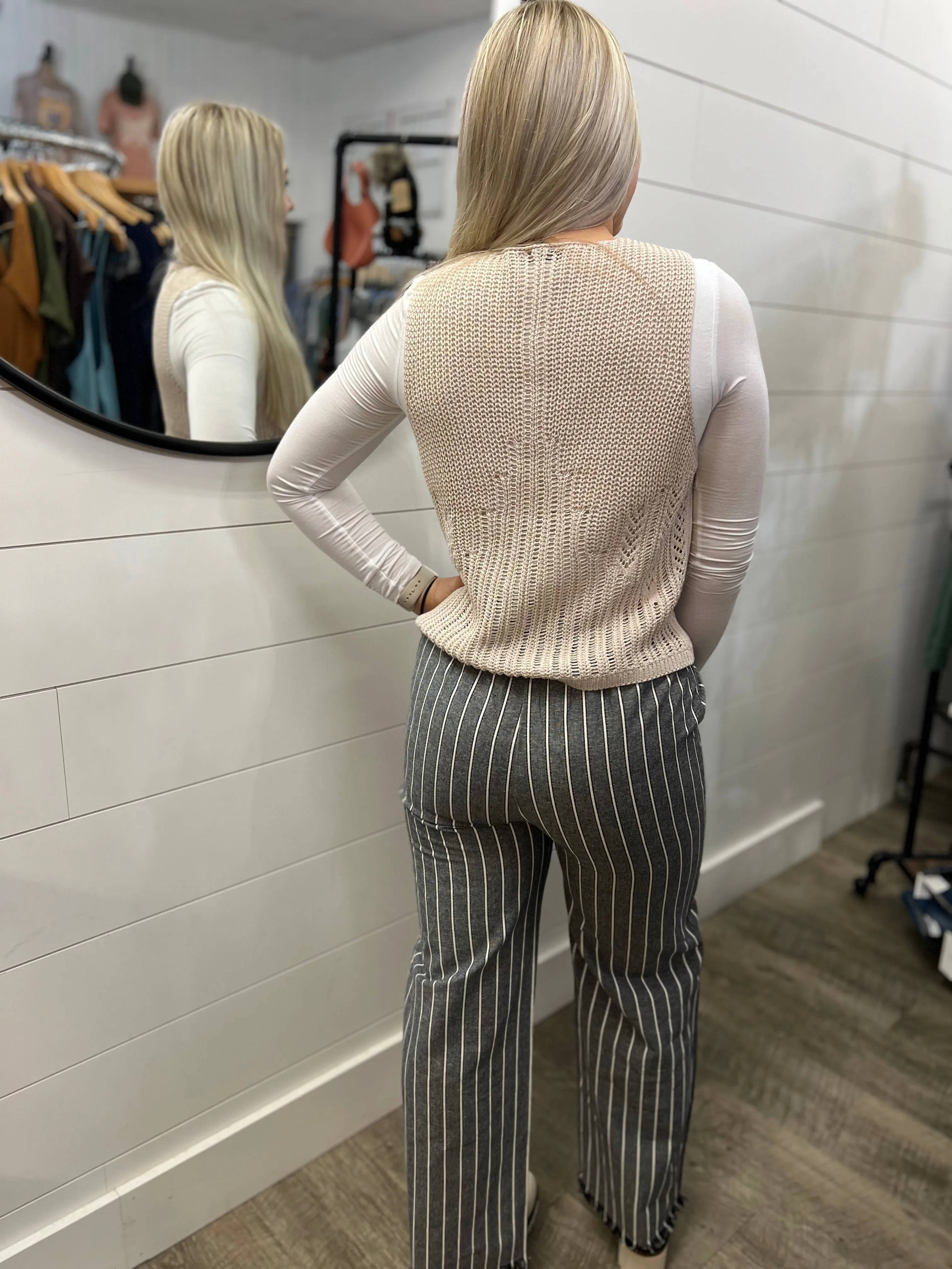 Wide Leg Stripe Pants W/Frayed Hem Detail