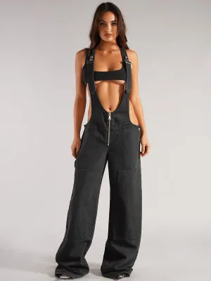 Wide-leg zippered denim overalls