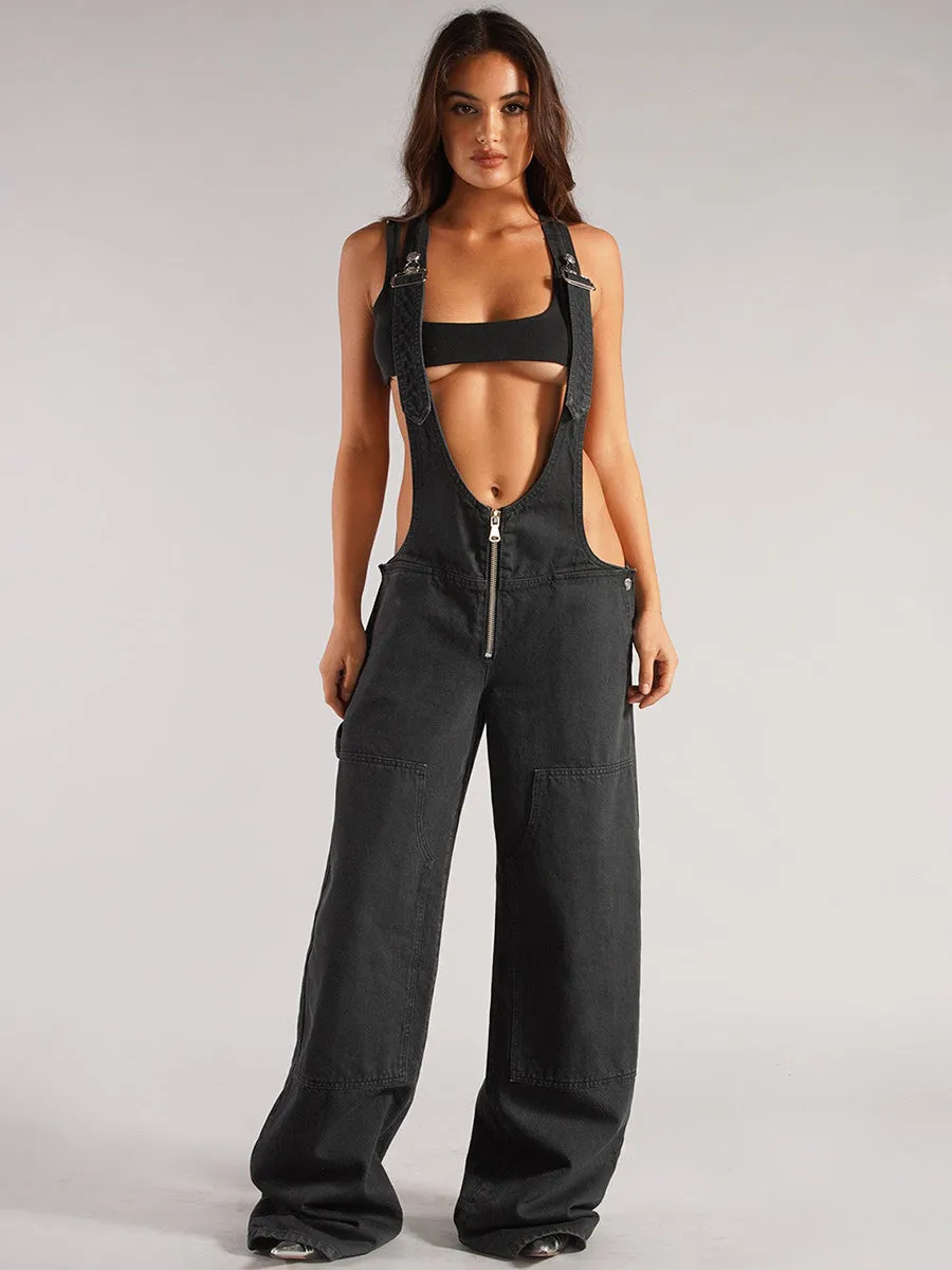Wide-leg zippered denim overalls